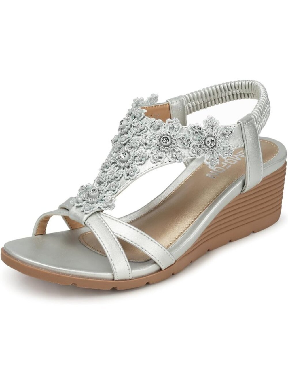 Women's Silver Elastic Open Toe Flower Low Wedge Heels Platform Sandal Shoes